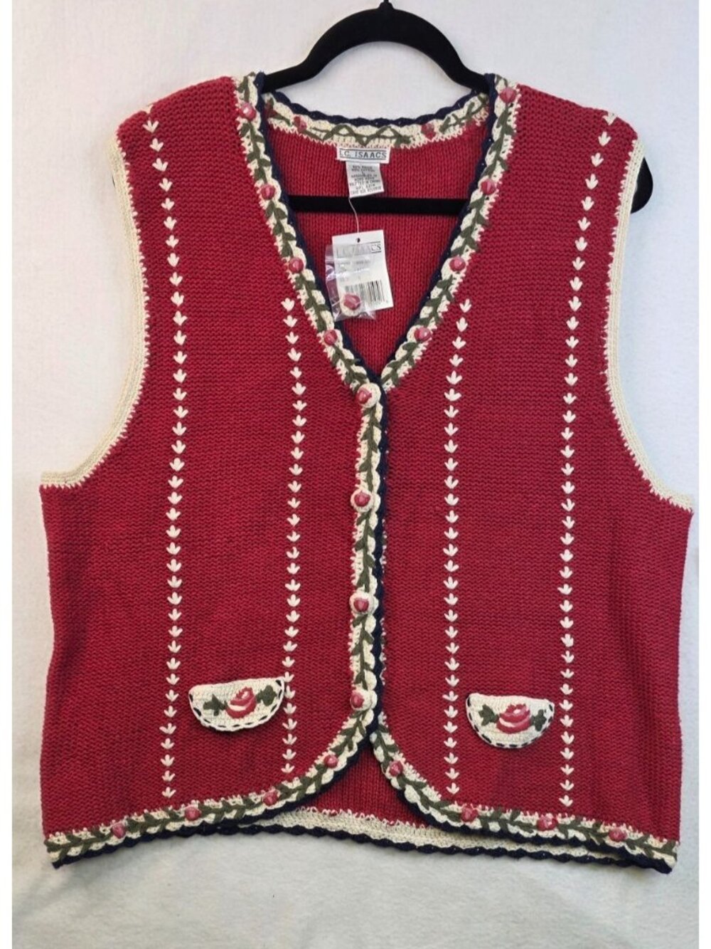 Vintage 90s I.C. Isaacs Embroidered Cottagecore Sweater Vest L Red Indie Retro